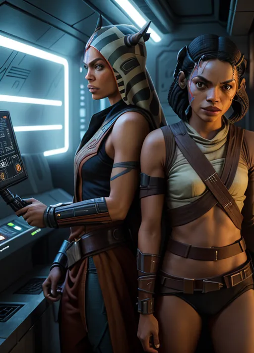 A photograph of 2women, woman1 is (Rosario Dawson as Ahsoka Tano), woman2 is (Daisy Ridley as Rey), sexy, cyberpunk,
establishment shot,
