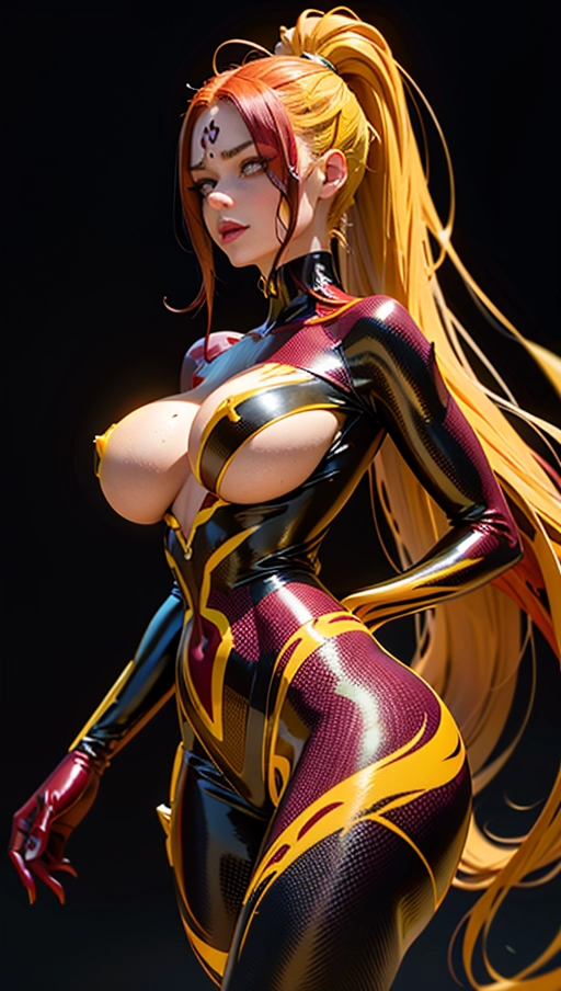 ((Burgundy red and yellow symbiote girl)), ((hair-raising symbiote)), ((burgundy red and yellow symbiote goo)), ((((burgundy red long hair with yellow strands)))), ((red and yellow symbiote goo suit)), (yellow strands), (((((symbiote goo hair))), ((((burgundy red and yellow symbiote goo body)))), big boobs