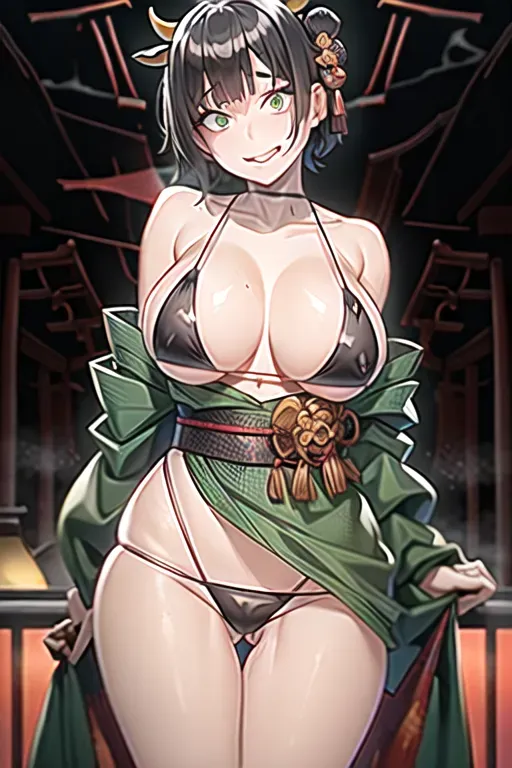 1girl, short black hair, green eyes, samurai, yukata, constricted pupils, yandere, light smile, crazy eyes, looking at viewer, kyoto night alley, atmospheric lighting, night sky, blood on clothes, torn clothes, head tilt,cow outfit, cow print bikini<lora:dpmg_crazy_expression:1>