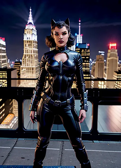 highly detailed photo, of beautiful woman, sexy smile, Camren Bicondova, as Catwoman, skin tight costume, on roof top, at night, cityscape in background, sharp focus, <lora:dc_marvel_v1:1>