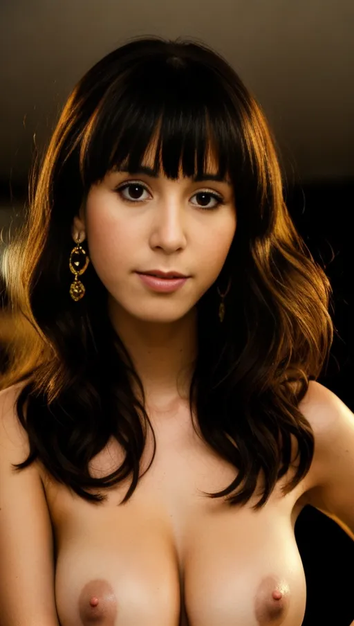 A beautiful German 20yo female standing in front of me and holding her breast, she is tall and skinny and has pale skin and has beautiful straight long brown bangs hair, she is wearing a 80s dress, on a 80s party, (naked breast), show her from above, closeup on her face