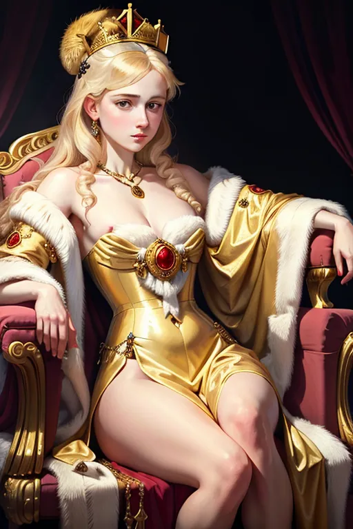 a young Catherine the great, naked but for a crown, necklace and fur robe, seated on a massive golden throne
