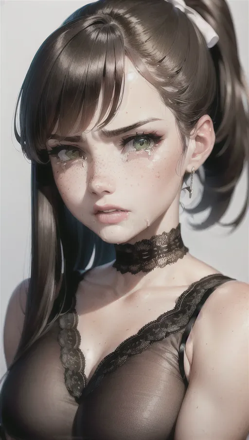 sad,crying,upset,betrayed,heartbroken,angry,hysterical,photorealistic, 8k, accurate face, (((detailed face))), (((replicate inspiration face))), freckles, green eyes,ponytail, female face, cute, 19 years old, gorgeous,luxuriously long hair,bangs,lingerie, lace bow,choker,necklace