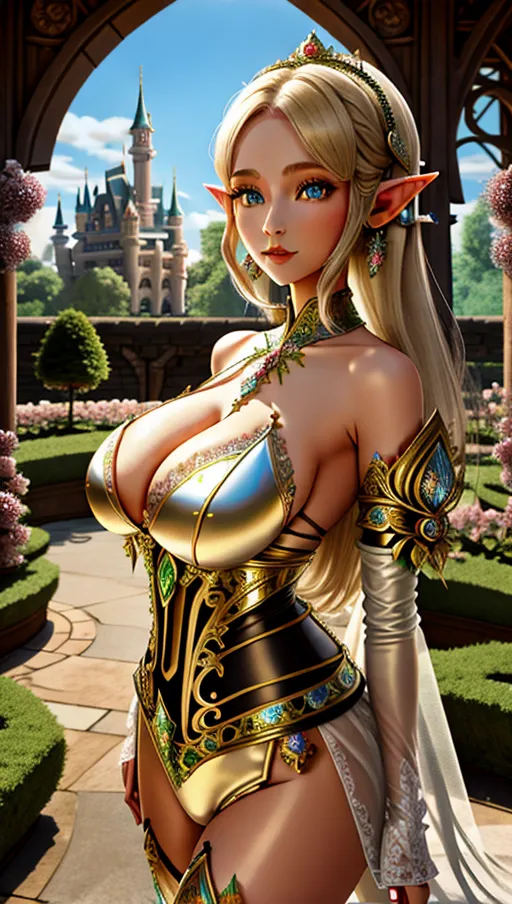 1girl, elf, castle, beautiful, garden, gigantic saggy breasts, <lora:dpmg_fantasy_armor:1>