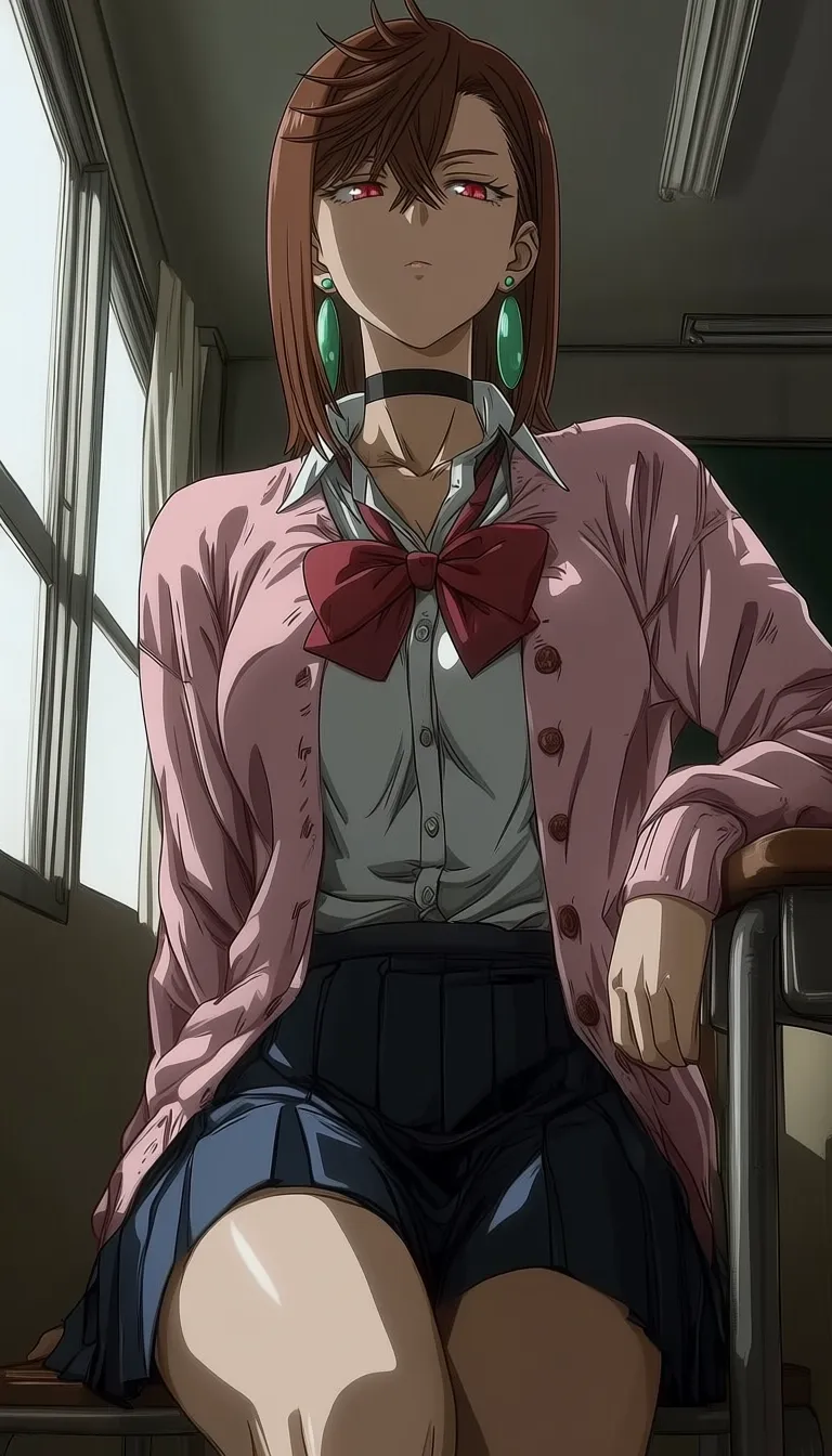 dark_art_style, (ayase momo:0.6), hair between eyes, crossed bangs, green earrings, brown hair, red eyes, black choker, short hair, white shirt, red bowtie,pleated skirt,school uniform, pink cardigan, long sleeves, 1girl, solo, alone, masterpiece, highres