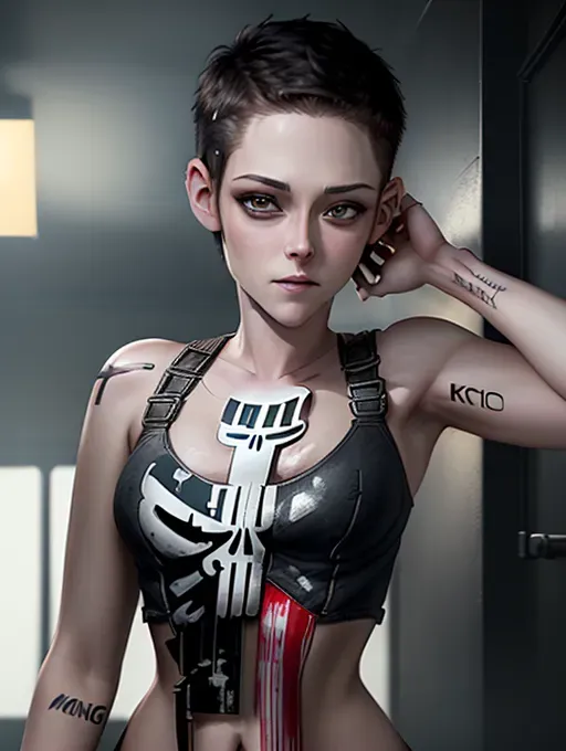 realistic 8k HD photograph, ((((Kristen Stewart))))(((accurate face))),(((as Punisher))),((smirking))(((undressing))),((very sexy pose)),(((perky breasts))),(((very slender athletic body))),(((very short pixie cut hair)))((undercut)), five slender fingers, beautiful face, beautiful lips,detailed large eyes,curved eyebrows,cgsociety,cinematic lighting,studio lighting,professional,editorial