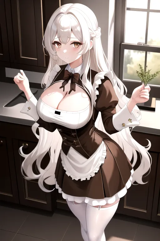 brown maid uniform, wavy hair, long hair, white hair, brown eyes, high heels, miniskirt, in kitchen, 4k, looking at viewer, pov, 1girl, cleavage, giant breasts, pale skin