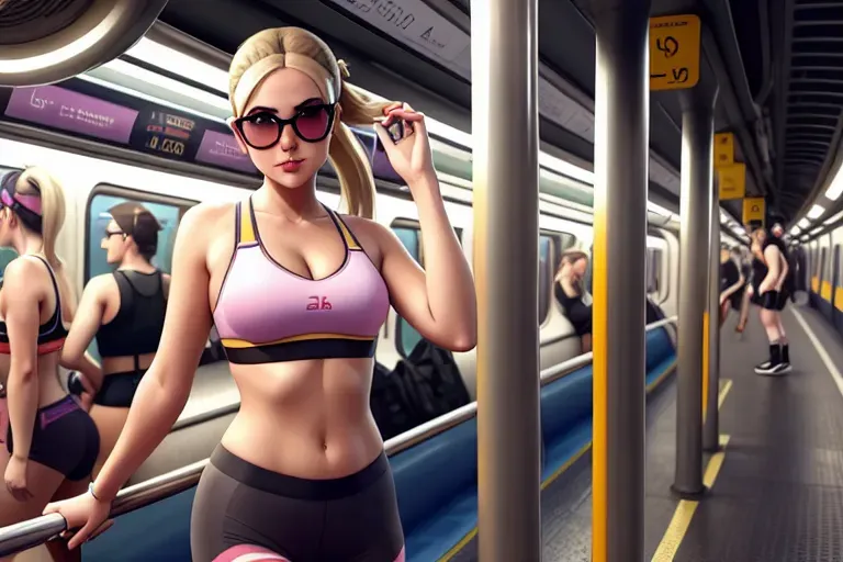 a illustration of leni loud,wearing stockings and a sports bra,touching breasts,in the london underground,five fingers per hand,ponytail,charming face,beautiful lips,curved eyebrows,textured skin,satisfaction,sunglasses on forehead,sharp focus,artstation,cgsociety,highly detailed,pixiv