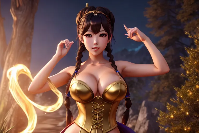 a digital painting of,yua mikami,wearing wizard clothes,dancing,outdoor,big breasts,five slender fingers,braids hair,charming face,beautiful lips,curved eyebrows,curved eyelid,smooth skin,erotic,wearing golden ring,cgsociety,8k,pixiv,unreal engine,highly detailed