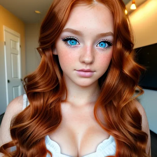 An angelic tanned stunning ginger Irish teenager with long wavy hair, tanned, anime eyes, makeup, long eyelashes