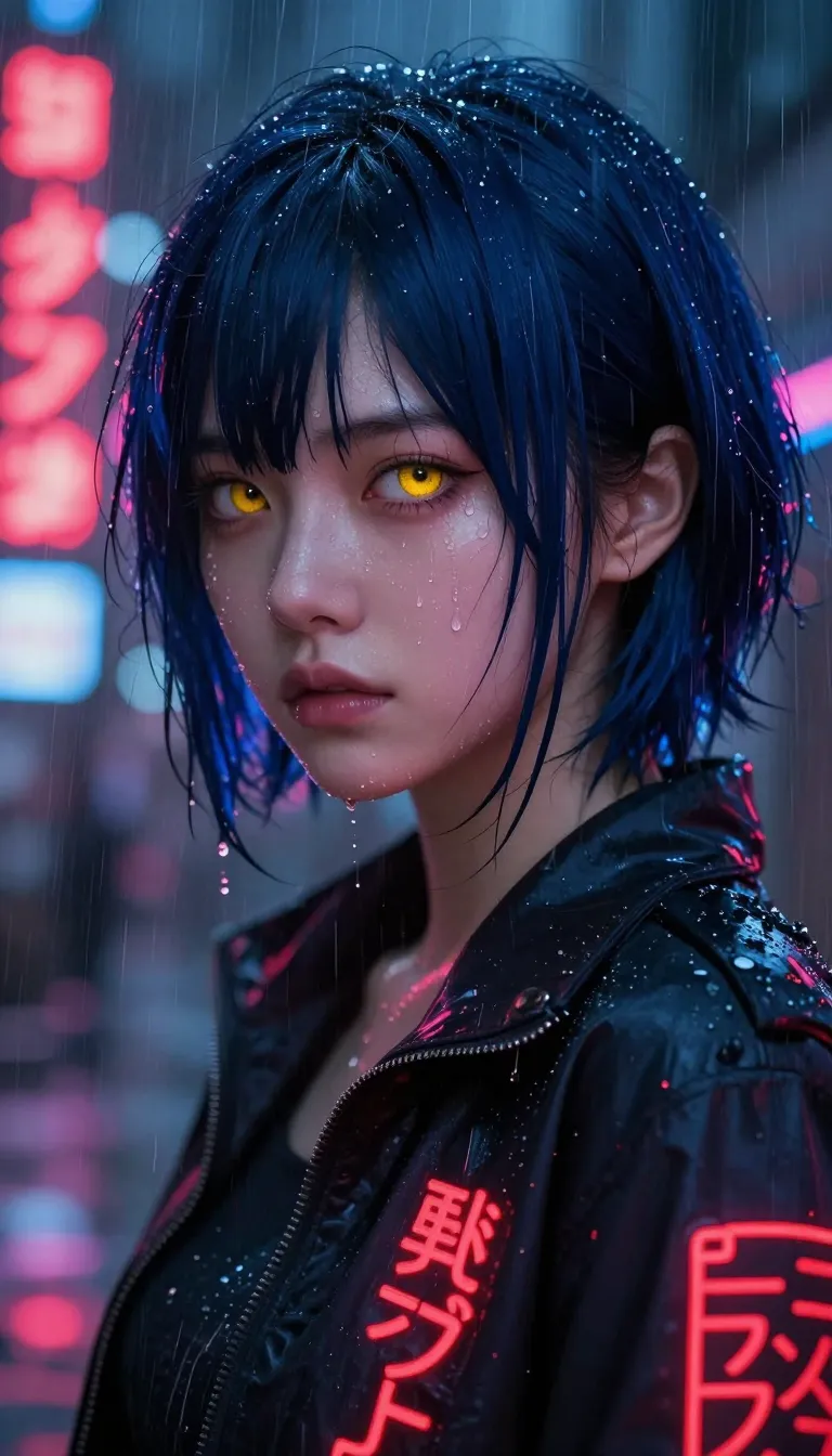 This is a digital art image in a cyberpunk style. It features a close-up of an Asian woman with short, dark blue hair and striking golden-yellow eyes. Her face is wet with rain, with water droplets glistening on her skin. She wears a dark jacket adorned with red neon Japanese characters. The background is blurred but shows vertical neon signs with Japanese text in red and blue. Red and pink rain streaks dominate the foreground, adding a sense of motion and intensity. Her expression is serious and slightly melancholic, enhancing the overall moody and atmospheric feel of the image.
