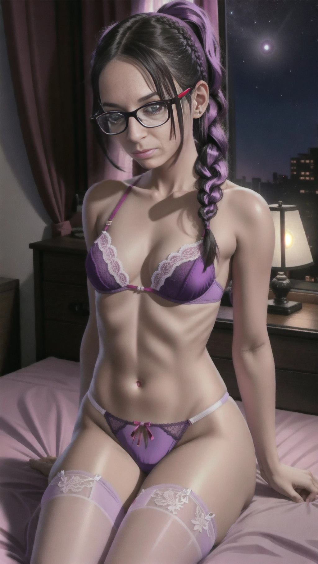 1girl, small breasts, flat chest, daemon, white skin, black long hair, braided ponytails, wearing glasses,red eyes, bedroom, night time, pink and purple lingerie,