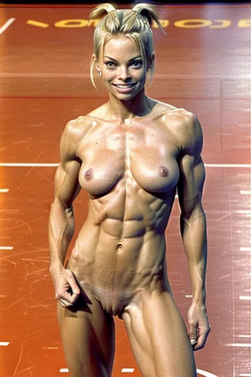 A very fit 20 year old fully naked Jaime Pressly, look of pleasure on her face, pushing her abs out, very low body fat, extremely lean body, perfect body, showing her vagina, standing naked on a basketball court during a NBA game in 1998, fully nude, spreading her legs, perfectly shaped breast, blonde hair, spreading her legs wide open, hair bun