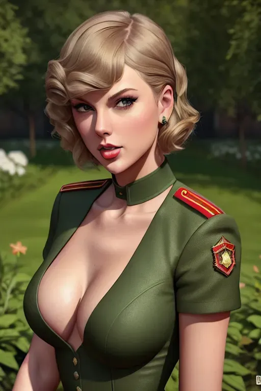 a digital art of,taylor swift,wearing soviet uniform,all-fours,in the garden,natural breasts,five fingers per hand,short hair,beautiful face,beautiful lips,green eyes,curved eyebrows,curved eyelid,textured skin,satisfaction,tattoo,artstation,professional,unreal engine,bokeh,sharp focus