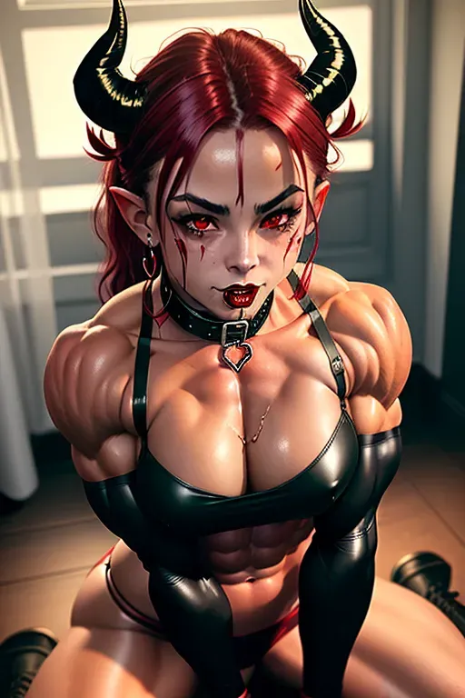 Sexy muscular demon girl. Skin is deep red. Black horns. Has on a collar. Pose is Sucking cock