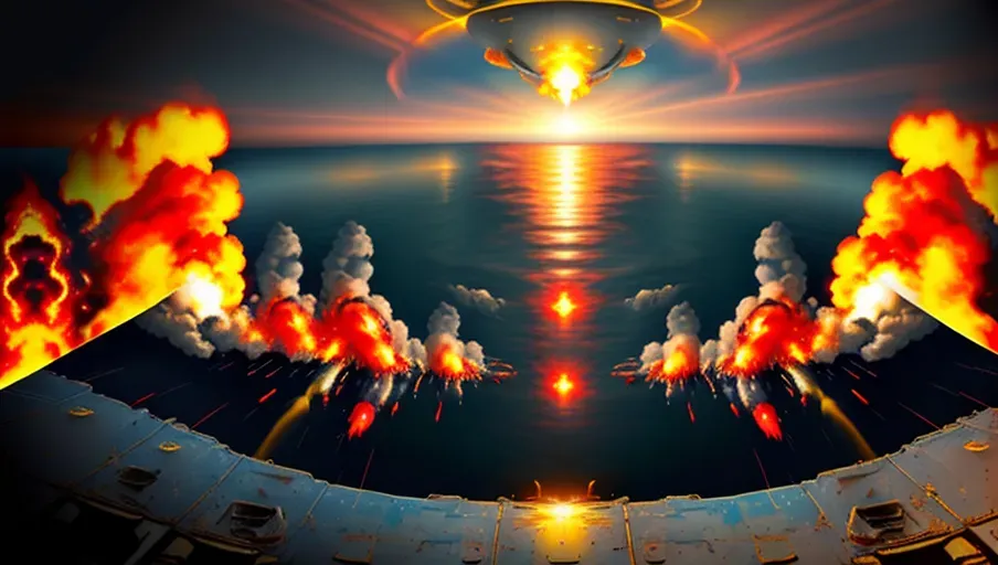 Daytime, Ufo crashes into water, Explosion of fire underwater, realistic painting style, ((quarter view, top view from atop of hill))