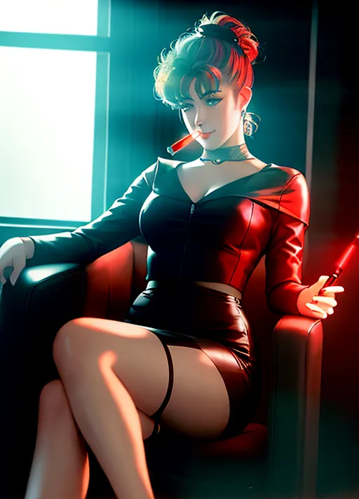 A charcoal and pastel drawing of, ((Sean Young)) as (Rachael from Blade Runner), sitting curled in a chair, in a dark room, ((night in the city)), neon high-rise streetscape outside second-floor window lights the scene, cinematic side lighting, wearing a fitted blouse, pencil skirt, silk stockings, black strapped high heels, looking at viewer, holding a lit cigarette between index and middle fingers, glowing red coal, smoke visible in backlight, low light, window provides light from cyberpunk nightscape, soft focus, detailed face and cigarette, cyberpunk meets film noir,
