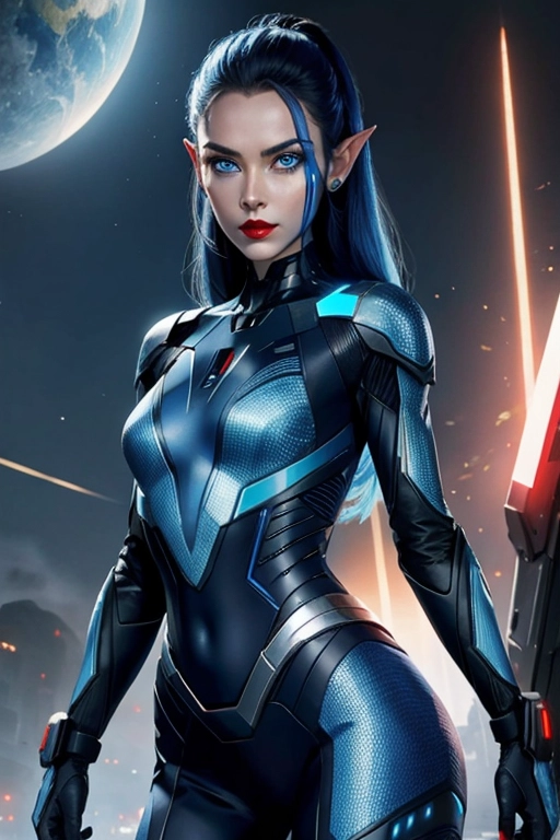 a female alien wearing a cybersuit facing camera blue eyes red lips blue face
from waist up pointy ears