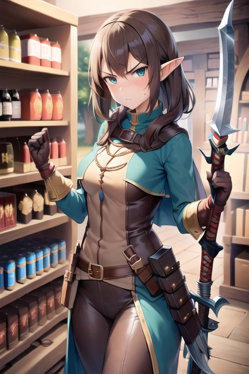 1girl, elf girl, adult woman, brown hair, hot, sexy, medium breasts, (((fully clothed))), adventurer, (((hunter clothes))), medieval shop, ((( weapons and magic store inside))), beautiful, perfect image, good art, (((modest clothing))), blue clothes, angry reaction, proud face, inside, short blouse, angry face, two hands, good anatomy