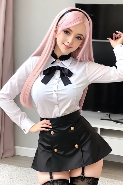 long hair, pale skin, pink hair, blue eyes, black choker, giant H-cup breasts, wavy hair, maid uniform, smiling, full body photo, 28 years old, miniskirt, cleavage, high heels