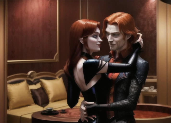 midnight in the luxury penthouse suite at Hotel Transylvania, Beautiful long auburn haired with large deep blue eyes Queen Anna of Arendelle in elegant black gothic style posing hypnotized, in the hungry embrace of her new vampiric very pale short black haired friend Mavis with a blood thirsty smile from Hotel Transylvania convincing Anna to join her as a vampire. photorealistic. photorealistic.