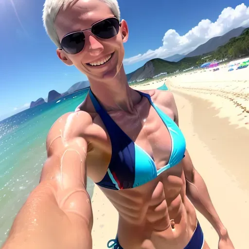 athletic, female, naked, abs, beach, sun, blanket, medium breasts, grin, mocking, happy, tired, aviators, high cheekbones, french, (short hair), (best quality), selfie, (pale skin), bikini, sweaty, oiled