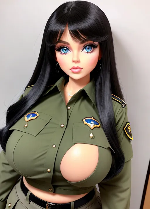 A European woman that looks like a Bratz doll, mature adult face, extremely big plump juicy lips, huge enormous perky boobs, black hair, grey-blue eyes, normal human eyes, thin body, no makeup, tight olive-colored park ranger uniform