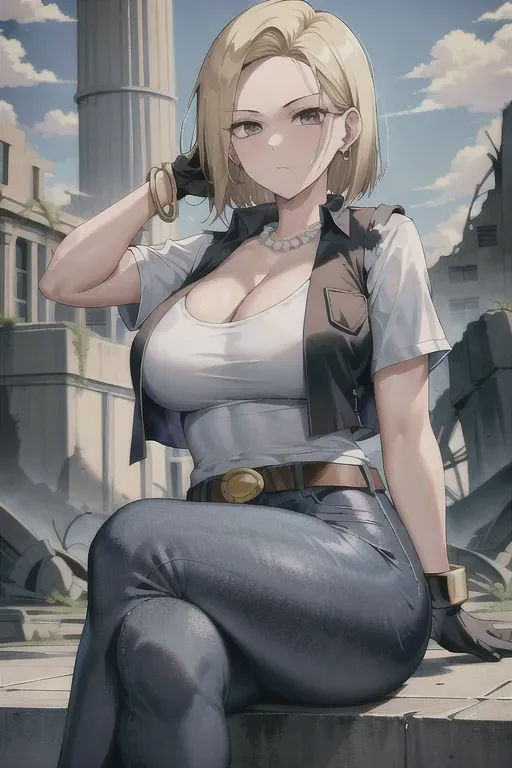 best quality, highres, and18, 1girl, android 18, solo, blonde hair, large brown eyes, belt, jeans, pearl_necklace, bracelet, black gloves, white shirt, short hair, short sleeves, earrings, blue pants, open vest, black vest, large breasts, <lora:dpmg_android_18:0.5>, (ruins:1.3), sitting, pouting, crossed legs, chubby, thick thighs
