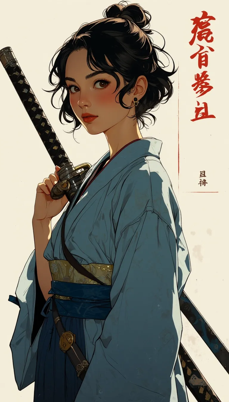 Anime style. This is a digital illustration in a semi-realistic, anime-inspired style, depicting a young woman with a serious, determined expression. She has dark, tousled hair tied up in a bun with loose strands framing her face. Her skin tone is a warm, medium brown, and she has almond-shaped eyes with a slight Asian slant. She is dressed in traditional Japanese attire, specifically a blue kimono with intricate folds and textures, suggesting a soft, lightweight fabric. The kimono is cinched at the waist with a wide, blue obi sash, adorned with silver and gold accents. Over her shoulder, she carries a katana sword with a traditional, curved blade, its hilt wrapped in black leather and adorned with silver details. The background is minimal, consisting of a plain, off-white canvas, which helps to focus attention on the subject. On the right side of the image, there are vertical Japanese characters in red ink, adding a cultural touch to the piece. The overall color palette is dominated by blues and whites, with the occasional splash of red from the characters and the sword's hilt. The image conveys a sense of strength and readiness for action, typical of a warrior or samurai.