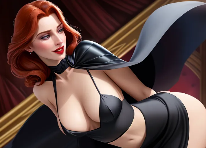 low angle dressed in elegant black silk dress with plunging neckline and cape, a pair of red marks on the side of her neck, Beautiful sultry auburn haired pale creamy complexion vampire Queen Anna of Arendelle a toothy smile as she runs her tongue across her upper teeth and pair of long vampire fangs, as with her hypnotic eyes glowing bright red, she hypnotizes her platinum haired sister, Elsa dressed innocently in white. photorealistic.