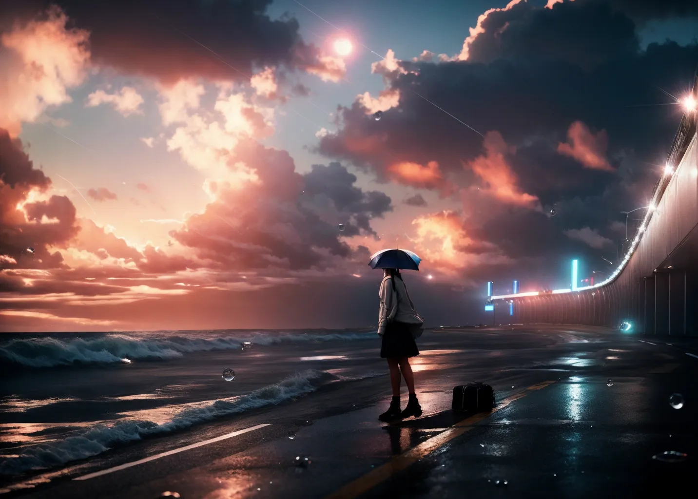 8k, digital photo of, girl, stand, short windswept hair, next to the ocean, near a motorway overpass, beautiful sunset, looking into the distance, finely detailed background, amazingly intricate background, dynamic movement, detailed clouds, incredibly absurdres, bokeh, lens flare, depth of field, long lens, best quality, colourful, high contrast, cinematic lighting, rain drops on lens, absurd res, pixiv, cinematic lighting, dramatic atmosphere