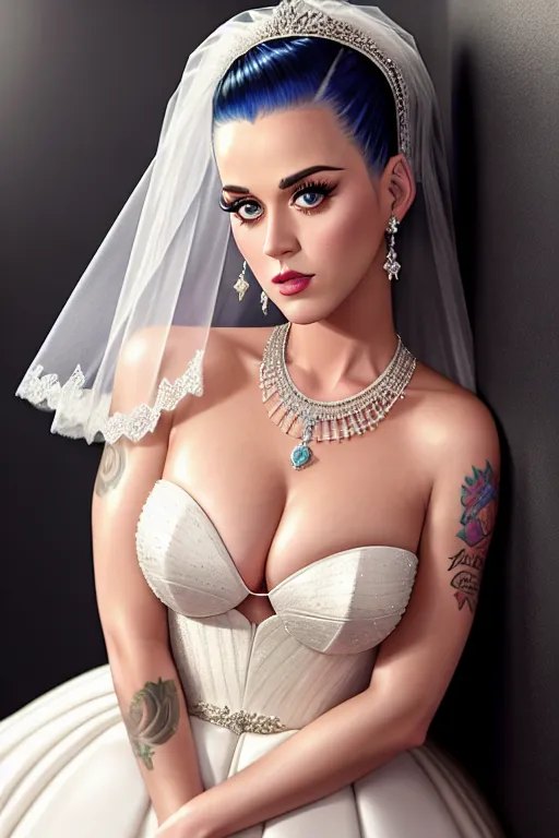 a color pencil draw of,katy perry,wearing wedding dress,leaning against the wall,in the kitchen,small breasts,five slender fingers,fishtail hair,beautiful face,beautiful lips,curved eyebrows,smooth skin,satisfaction,tattoo,surreal,highly detailed,artstation,bokeh,studio lighting