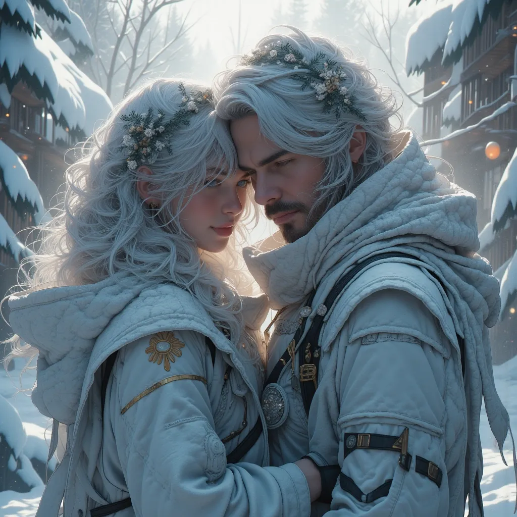 A man and a beautiful girl are depicted in full-length in a winter fairy tale setting through fantasy, realistic photography. The image boasts high detail, a cinematic quality, stunning visuals, hyper-realistic elements, sharp focus, high resolution (8k), and an insanely detailed presentation.