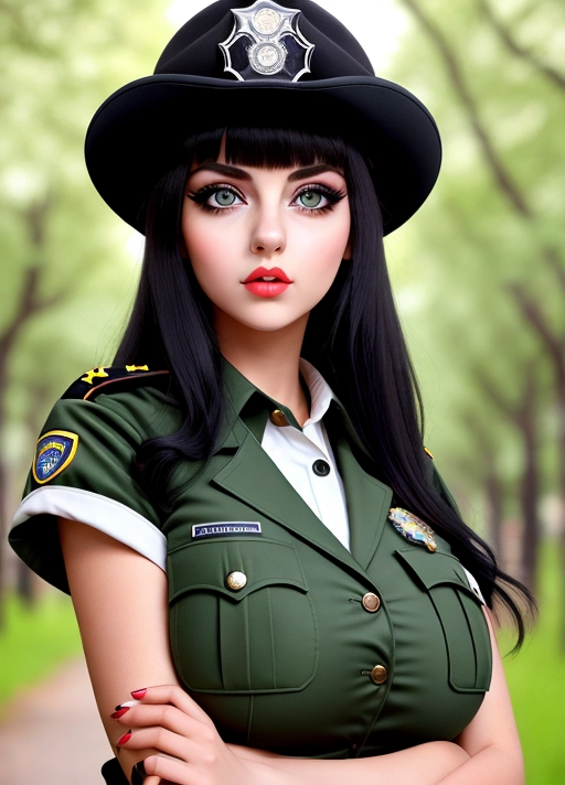 Cute Italian girl, simple grunge makeup, pale colored eyes, big wide eyes, black hair, big lips, high riding huge boobs, gigantic tits, park ranger uniform, photorealistic, best quality, ultra high resolution