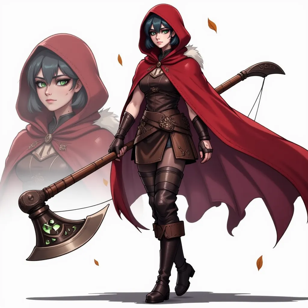 Anime-style illustration of Little Red Riding Hood grown up as a skilled hunter, Grungy, red hair under cloak, a little feral, barbarian, survivor, weathered strong green eyes, leather clothes, red cloak, Bow wearing a weathered crimson hooded cloak, leather armor, and fur-lined boots, holding an elegant longbow carved with forest motifs. She stands confidently in a misty enchanted forest at dawn, fallen leaves swirling around her. Sharp green determined eyes, subtle scars showing experience, wind flowing through her cloak. Cinematic lighting, dynamic pose, detailed fantasy anime art, high resolution, dramatic atmosphere, ref sheet style