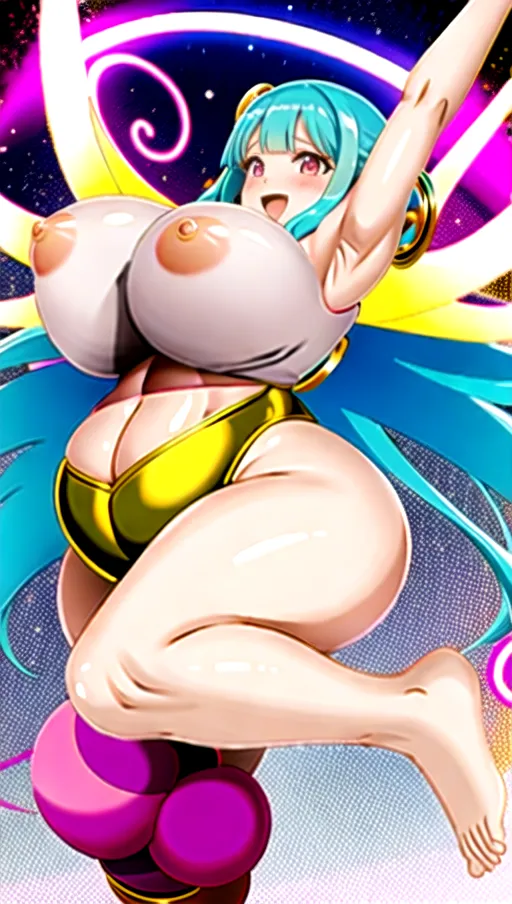 portly anime studio trigger woman JUMPING bare feet midriff hips seen from the front enlarged shoulders large pink eyes in the style of goddess of victory, nikke blissful ecstatic expression wearing multi coloured chromatic metallic yoga pants nightshort blonde hair 4 arms like a machamp gold arms mechanical arms ((((extremely large breasts))))