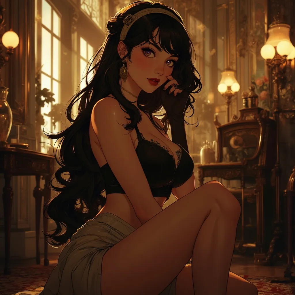 Anime style. 1boy, Serena, SerenaRH, very long straight black hair, brown eyes, gorgeous lips, dark lips, medium perky breasts, perfect body, large hips, fit body, thick thighs, 1g0r, Dutch angle, earrings, elegant, makeup, fancy party room, indoor, golden details, dramatic light, face closeup, parted lips, makeup, abs, solo, parted lips, shiny skin, sweat, brown hair, toned, brown eyes, big breasts, braid, muscular male, black hair, long hair, looking at viewer, indoors, easynegative, FMAB_Envy, 1boy, solo, long hair, black hair, purple eyes, slit pupils, headband, crop top, bare shoulders, midriff, gloves, fingerless gloves, skirt, side slit, bike shorts under skirt, bike shorts, toeless legwear, leg tattoo, 1femboy, on knees