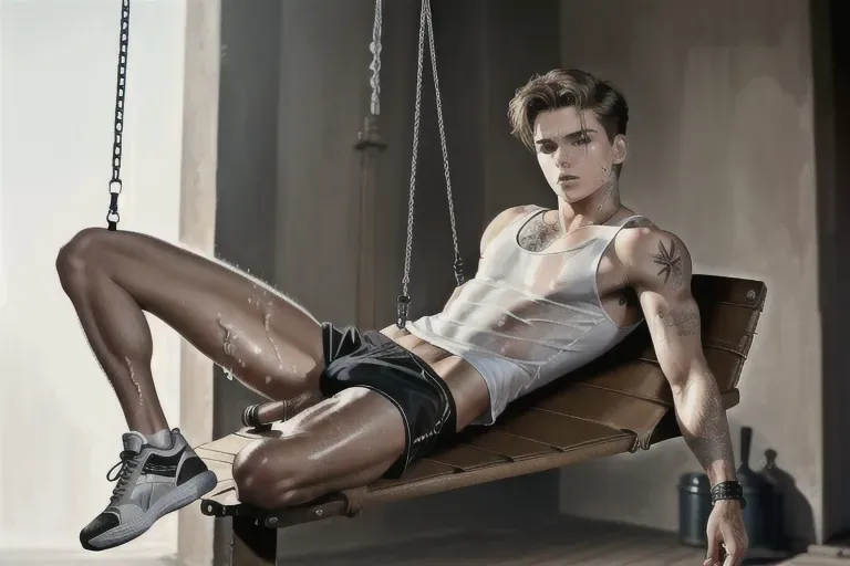 masterpiece realistic, top-quality image, blowjob, suck, high-resolution photograph, photorealistic image of twenty-year-old Romeo Beckham in bondage being fucked in a leather sex swing, in a white athletic tank top and trainers, no pants, no underwear, ((his big European semi-hard cock is exposed leaking cum)), ((very accurate and highly detailed handsome face wincing in pain)) in perfect light, sharp realistic eyes, detailed textured skin ((pores)) slender male body, sparse body hair, legs wide taking a huge dick