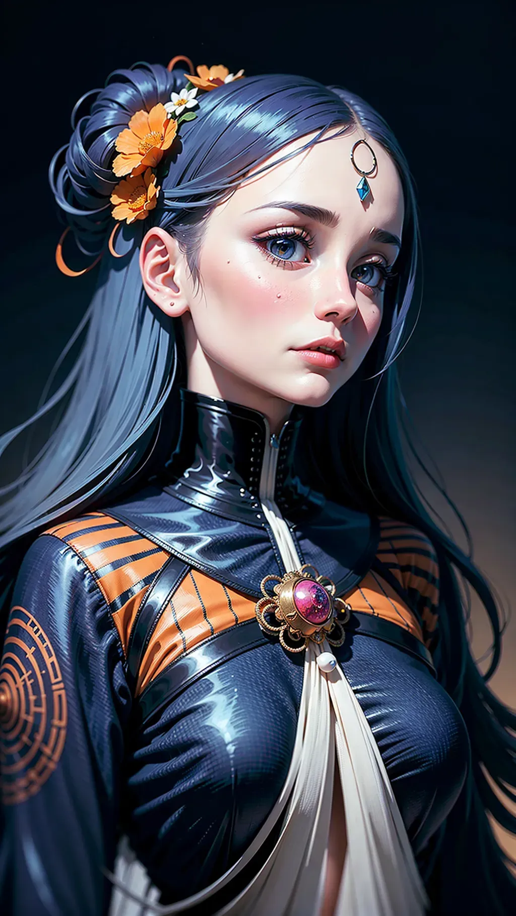 a colorful digital artwork of a womans head and branches, in the style of haunting houses, graceful surrealism, depictions of urban life, dark sky-blue and orange, portraitures with hidden meanings, caricature-like illustrations, metropolis meets nature --ar 69:128 --s 750 --niji 5