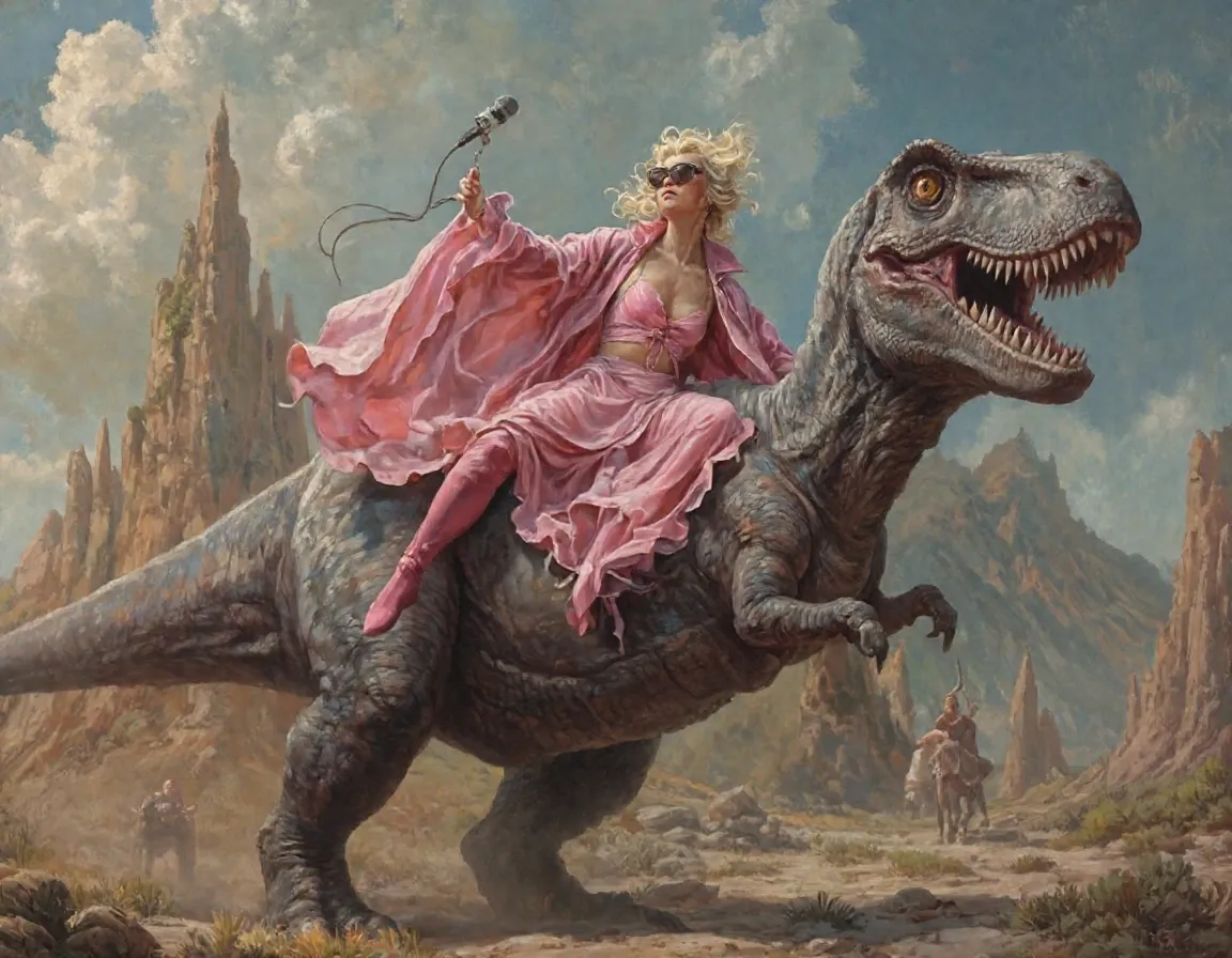 Pink the singer riding on the back of a scary T-rex