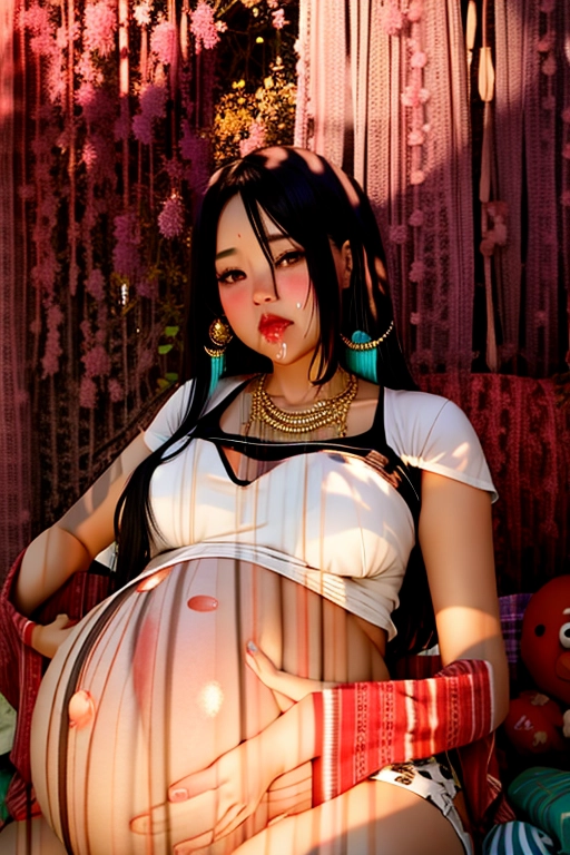 (((((full body image))))), ((up angle)), ((((<lora:dpmg_upshirt:1>)))), (((beautiful Asian woman))), ((eye contact)), ((((cute asian eyes)))), (((she is looking down at me from above))), mouth open, (((very dark tan skin))), (((licking lips hungrily))), (tongue), (((<lora:dpmg_awaitingtongue_v1:1>))), ((drooling)), drool is dripping from her mouth, ((belly and breasts fully exposed)), ((((exposed bare belly)))), ((((((huge bulging protruding swollen pregnancy belly)))))), (((gigantic pregnancy belly))), (((she wants to bite me))), ((she is very hungry)), ((((barefoot)))), ((blushing)), cute round glasses, ((((perfect belly anatomy)))), she is perfect and beautiful in every way, wearing lots of jewelry, necklace, bracelets, anklets, earrings, she is stuffing her face with food, huge appetite, (((she cannot stop eating))), ((holding food))