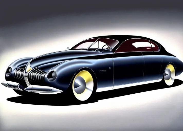A rendering in airbrush, marker, and colored pencil, of the (full body view) of a sleek sedan concept car styled after cars of the 1940's