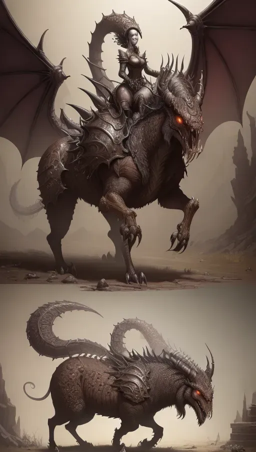 ((8k, high detail, ultra-crisp, high resolution)) character design sheet from artist Edward binkley of a monster riding a creature . ((Medieval bestiary art)) (((Diablo game bestiary art)))