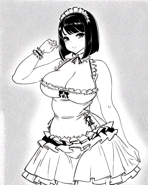 A sexy French maid making a sexy pose, huge breasts, wide hips, frilly dress, poofy dress, black hair, bob-bit hairstyle, well drawn face, pencil line art, miniskirt, nsfw, sexy pose, dynamic pose