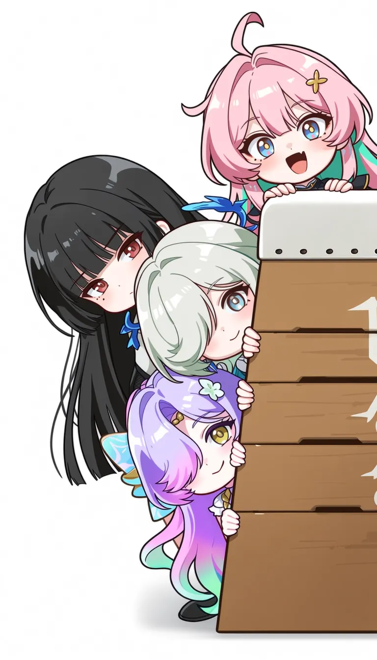 multiple girls, 4girls, aemeath \(wuthering waves\), chisa \(wuthering waves\), lynae \(wuthering waves\), mornye \(wuthering waves\),
score 7, ultra detailed, fair skin, high contrast, ahoge, black hair, blonde hair, blue eyes, blush, fang, gradient hair, green hair, grey hair, hair ornament, hair over one eye, halo, long hair, mole under eye, multicolored hair, pink hair, red eyes, two-tone hair, wavy eyes, yellow eyes, closed mouth, looking at viewer, open mouth, smile, white background, chibi only, peeking out, simple background, mole, chibi, purple hair,
Four distinct chibi characters are lined up against a stark white background, all appearing to be on the same level of a vaulting horse. The character on the far left has long black hair and is looking down with a slight blush. Next to them is a girl with pink hair who is smiling broadly. The scene captures a moment of playful anticipation as the characters prepare to enter the vaulting horse.
best quality, score_9, very aesthetic, sensitive, explicit