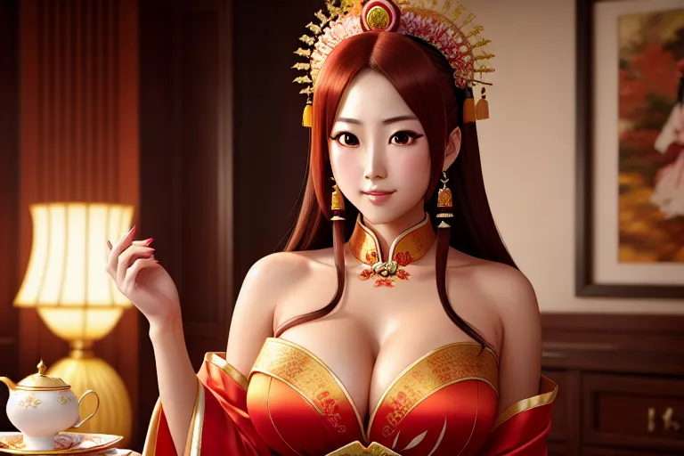 a oil painting of,inoue orihime,wearing chinese costume,touching breasts,in a tea party,big breasts,five fingers per hand,silky hair,gorgeous face,beautiful lips,detailed large eyes,curved eyebrows,curved eyelid,romantic,tattoo,smooth,bokeh,unreal engine,8k,pixiv