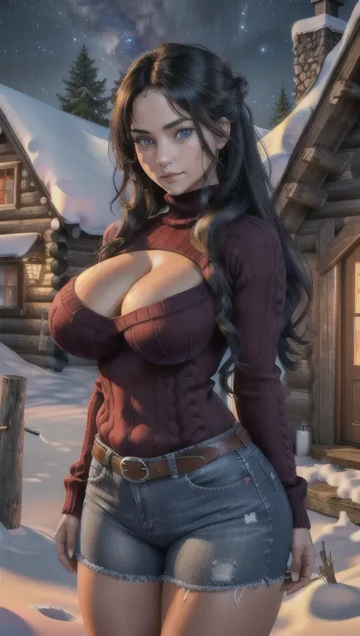a high resolution photo of a gorgeous woman, looking at the viewer. high quality, best quality, high resolution, night time, night setting, cabin, cabin setting, winter, perfect eyes, perfectly detailed eyes, long hair, black hair, wild haircut, wild hairstyle, freckles, detailed skin, dark, (thick thighs), narrow waist, slender waist, ((cableknit sweater)), ((tight clothing)), ((revealing clothing)), ((jeans)), ((cleavage)), ((thick thighs)), ((muscular)), (symmetrical eyes), (highly detailed eyes), (perfect eyes), brown eyes, (((huge breasts))), ((breasts bigger than head)), 4k resolution, highest resolution, max resolution, maximum resolution, serious expression, smile, ((hands behind back)), ((arms behind back))