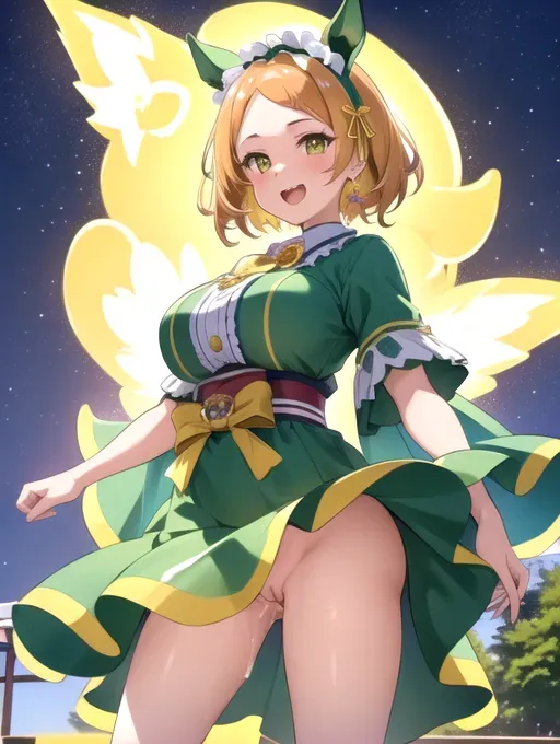 best quality, masterpiece, 1girl, detailed background, highly detailed beautiful face and eyes, Umamusume Pretty Derby, Taiki Shuttle, yellow short straight hair, ( forehead: 0.9 ), green eyes, horse ears, wearing a yellow diamond on her hair, wet slime body, nude, huge breasts, creampie, open mouth, laughing, pussy out, masturbating while standing, at Goryokaku Park in Hokkaido, aurora borealis night sky, full body, fisting frontal