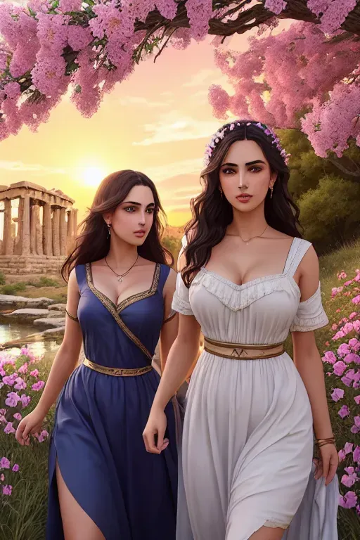 2women. a colour painting of two beautiful Greek girls walking in a meadow by a stream at sunset, oleander flowers in bloom, sexy revealing Ancient Greek clothing, Greek temple in the background, beautiful faces,beautiful lips,curved eyebrows,curved eyelid,satisfaction,highly detailed,sharp focus,cgsociety,cinematic lighting,pixiv