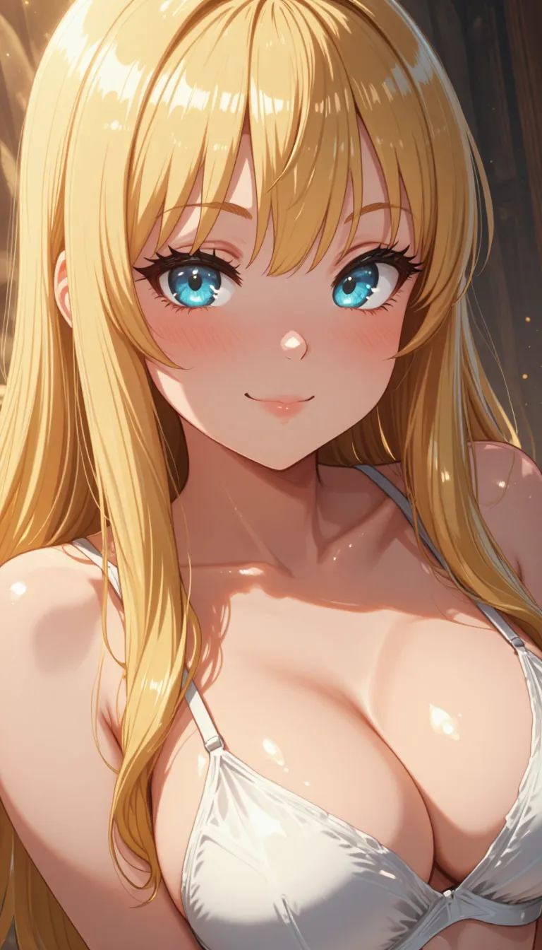 masterpiece, best quality, anime coloring, anime screencap,
1girl, solo, long hair, breasts, looking at viewer, blush, smile, bangs, blue eyes, blonde hair, large breasts, cleavage, bare shoulders, closed mouth, underwear, collarbone, upper body, shiny, blunt bangs, bra, lips, shiny skin, eyelashes, close-up, white bra